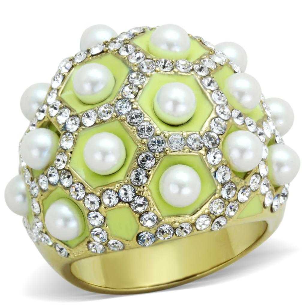 JCE1636 IP Gold(Ion Plating) Stainless Steel Ring with Synthetic Pearl in White