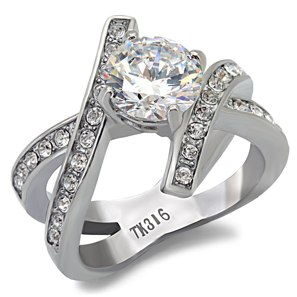 JCE169 High polished (no plating) Stainless Steel Ring with AAA Grade CZ  in Clear