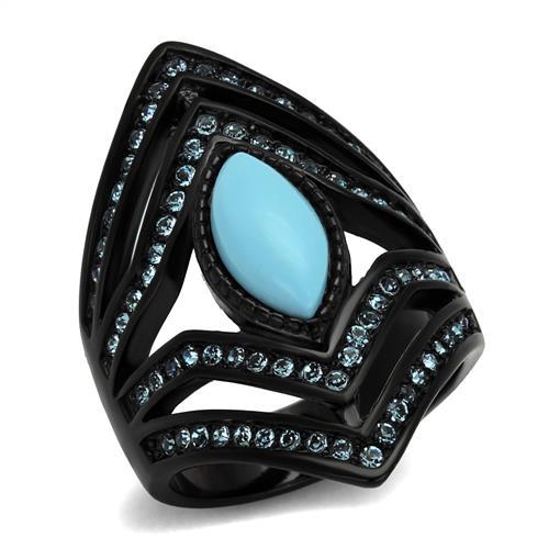 JCE2482 IP Black(Ion Plating) Stainless Steel Ring with Synthetic Turquoise in Sea Blue